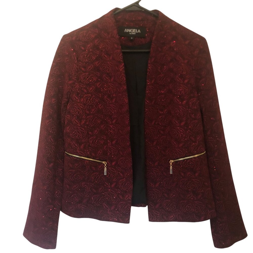 Angela by Gaea sparkly dark red floral jacket sz L